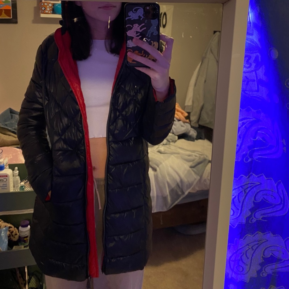 long black & red puffy jacket